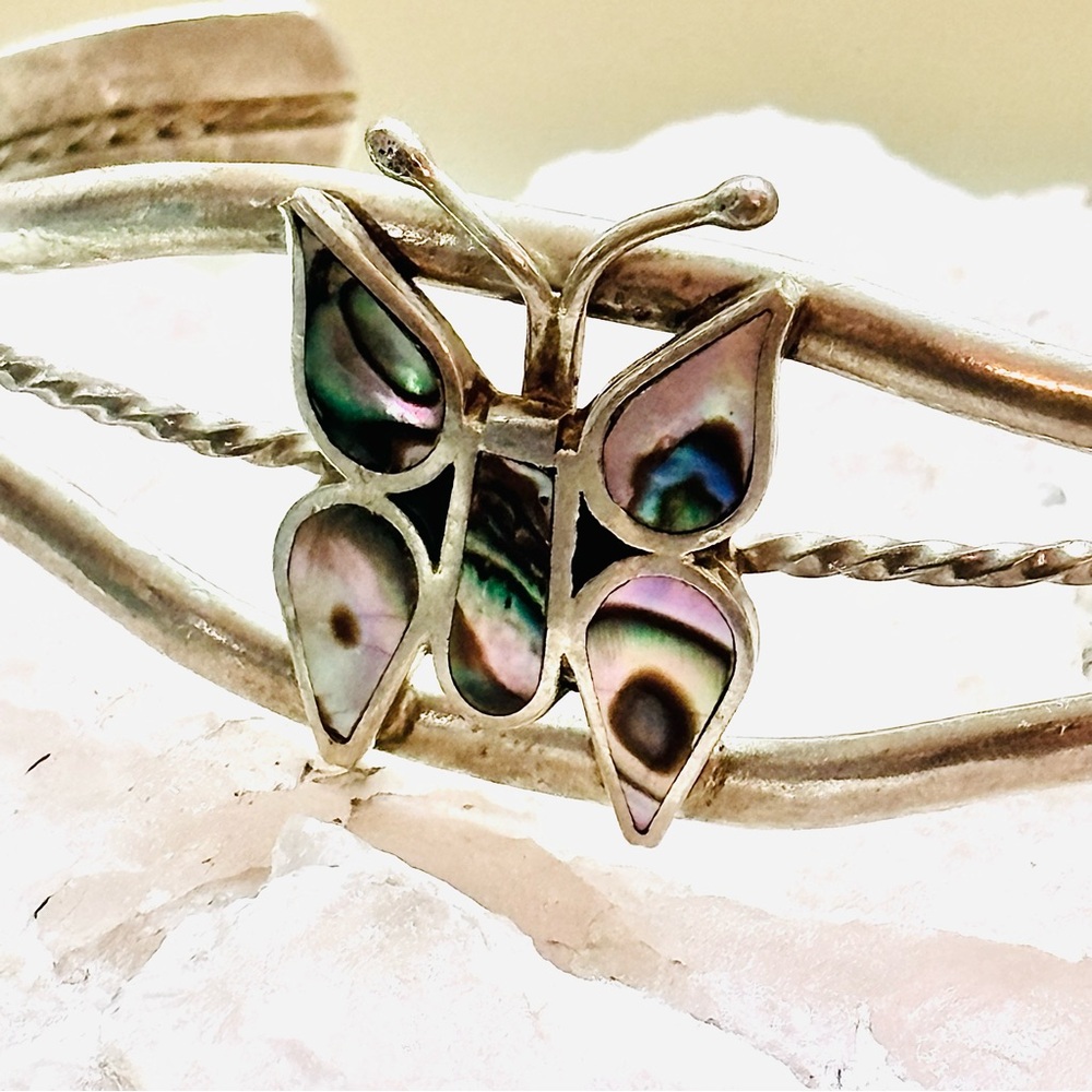 Abalone Shell Butterfly Bracelet Silver Tone Metal
